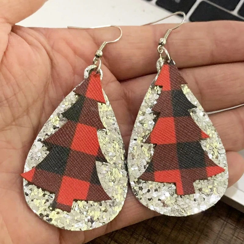 

2022 happy new year earrings faux leather layers buffalo plaid christmas tree earrings silver glitter earrings
