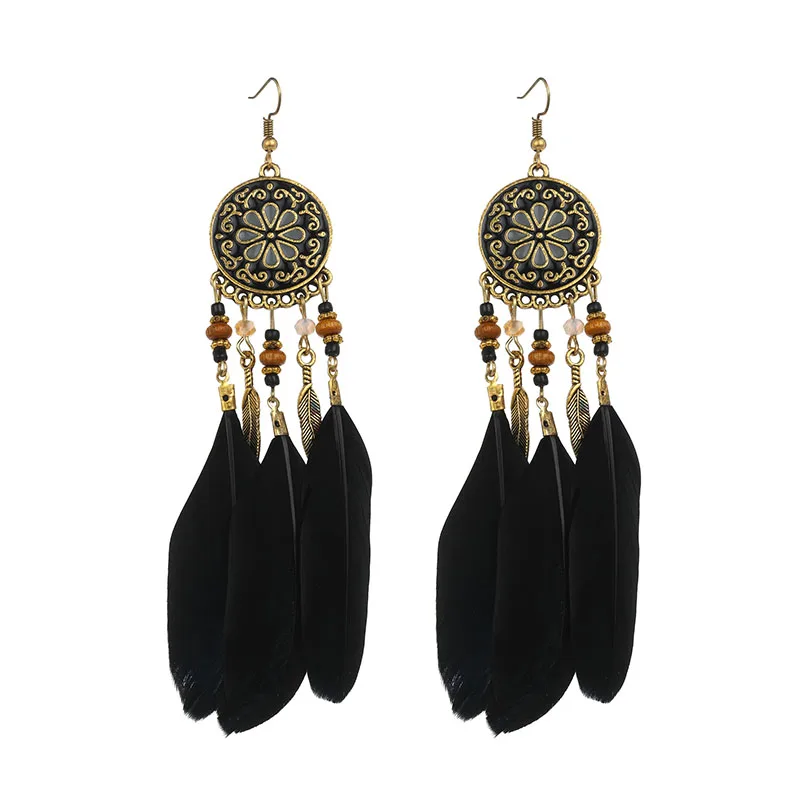 

Black Temperament Long Feather Earrings for Women Ethnic Retro Elegant Design Dangle Earrings Anniversary Party Jewelry