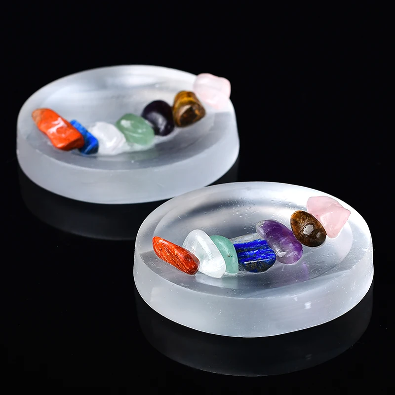

1PC Seven Chakra Natural Gravel With Selenite Circle Bowl Plaster Minerals Reiki Specimen Point Reiki Healing Stone Amulet Gift