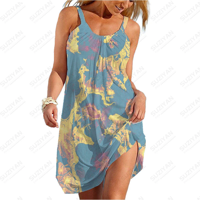 

2023 New Hawaiian Fashion Short Skirt Women's Loose Round Neck Sexy Shirt Summer Strap Dress Light Tie Dye 3D Printing Fashion