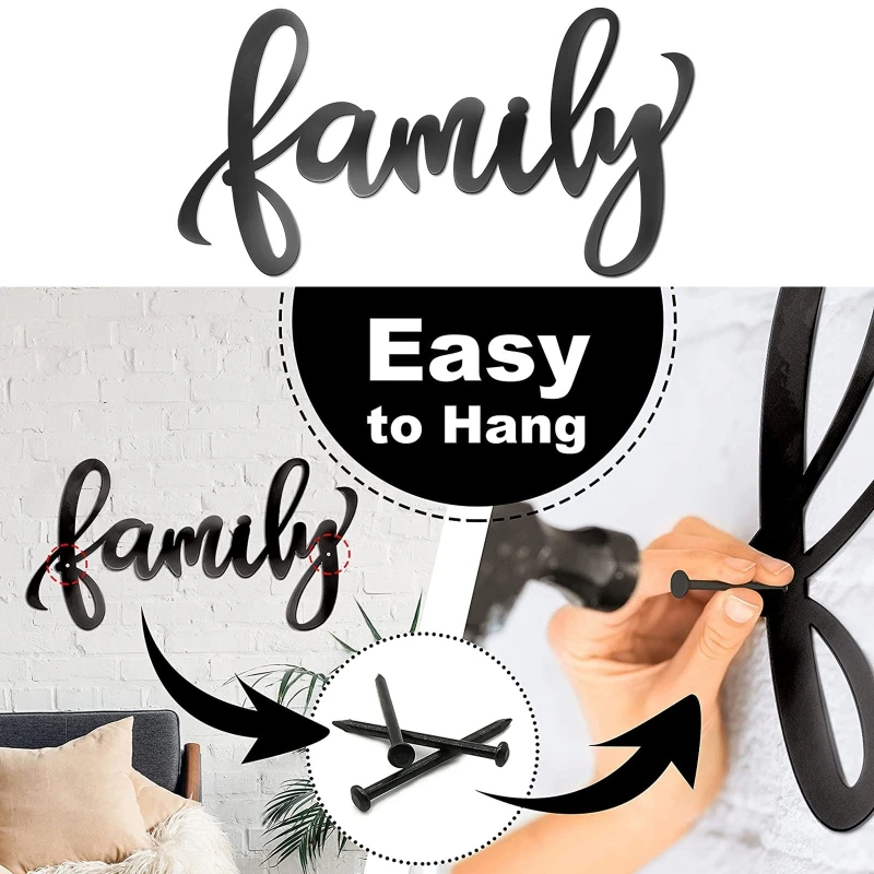 

Family Wall Art Decor Metal Hanging Ornament Crafts 3D Word Cutout Design for Outdoor Indoor Living Room Decoration