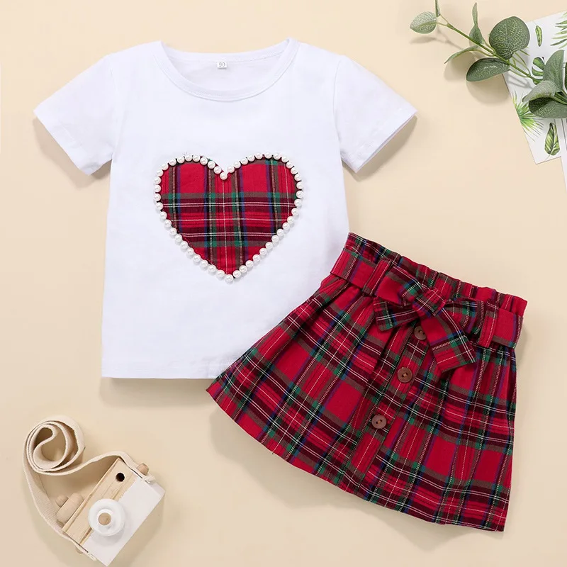 

Girls Love Short-sleeved Plaid Skirt Two-piece Suit Baby Girl Clothes Kids Boutique Clothing Wholesale Toddler Girl Clothes