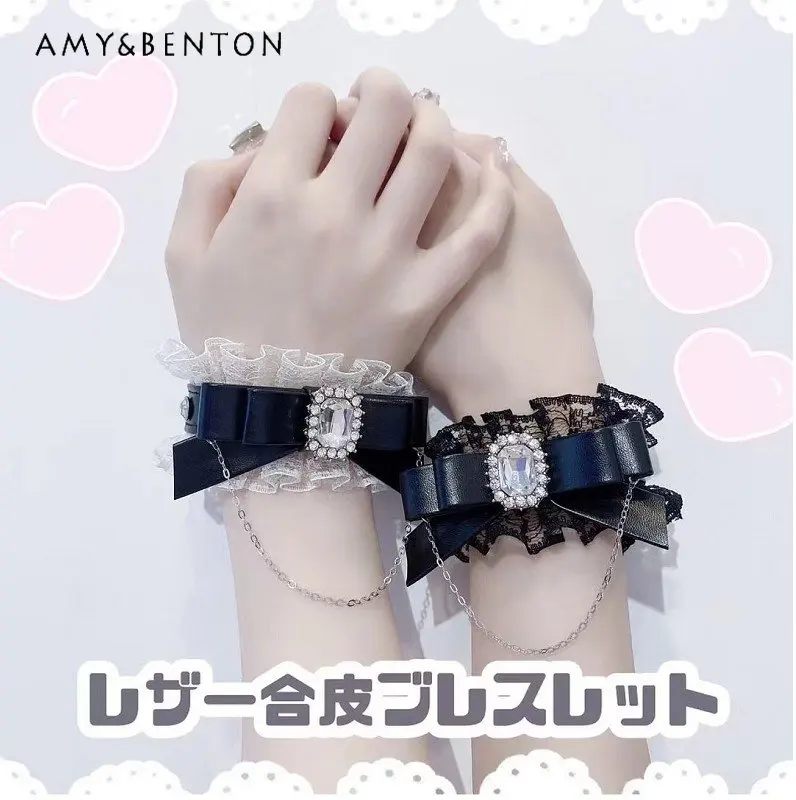 

Japanese Style Sweet Lady Cute Bangles Mine Bow Rhinestone Chain Pu Bracelet for Women Korean Style Bangle Bracelet