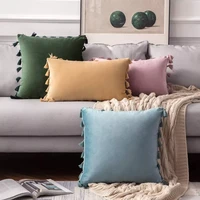 velvet cushion cover soft solid decorative throw pillow cover with tassels fringe boho accent cushion case for couch sofa bed