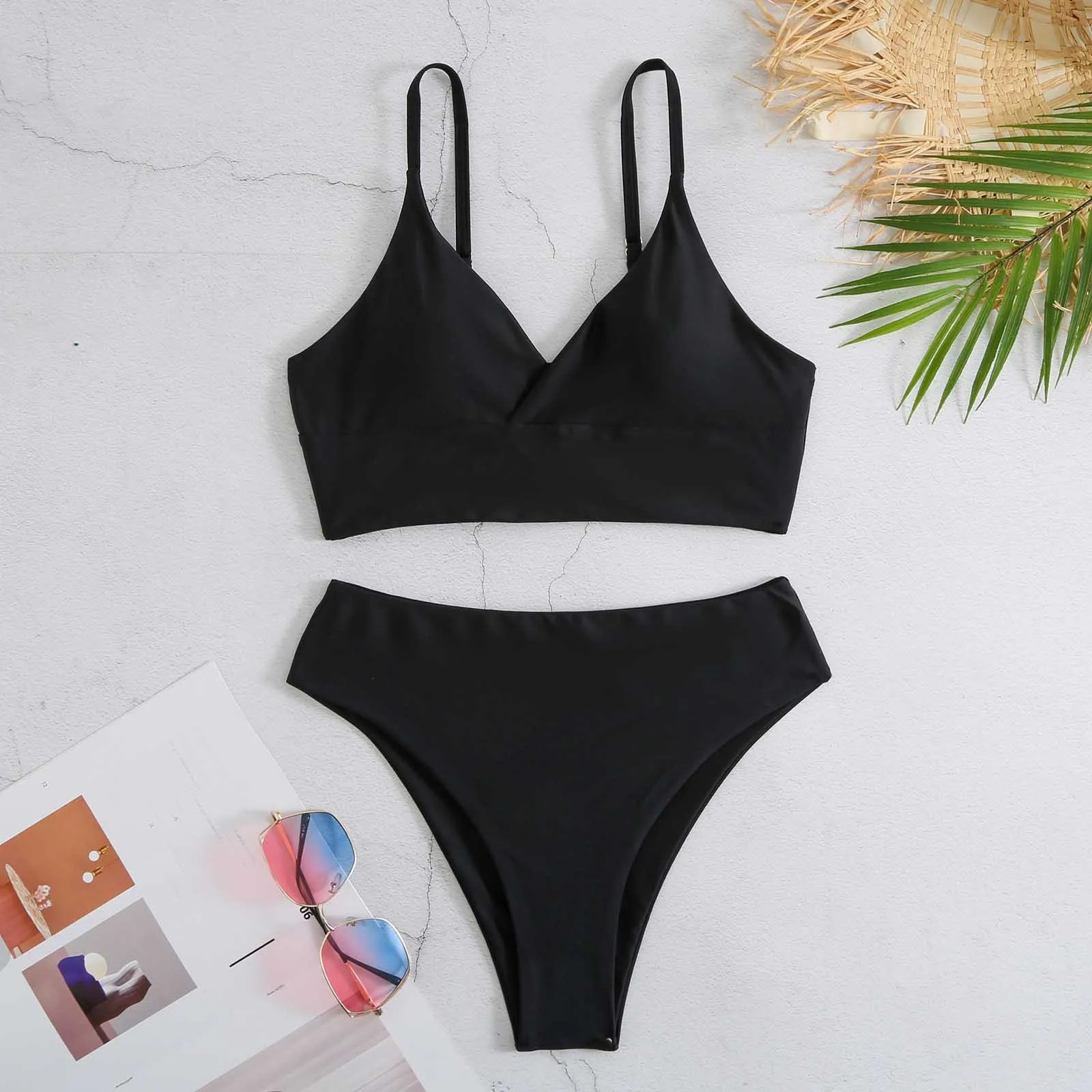 

Women High Waisted Bikini Flat Front Solid Color Bikini Set Bathing vacation Hawaii Solid Swimsuit Beachwear High Waist Bikinis
