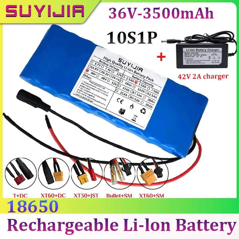 

18650 36V 3500mAh Rechargeable Lithium Battery 10S1P Battery Suitable for Electric Bicycle Scooter Built-in BMS+42V 2A Charger