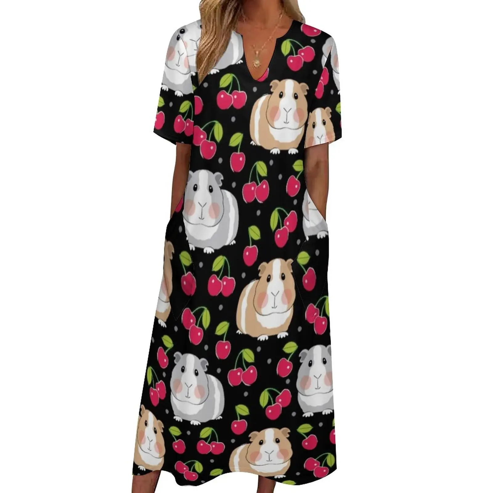 

Cherry Guinea Pig Dress Cute Animal Print Elegant Maxi Dress V Neck Graphic Bohemia Long Dresses Street Wear Oversized Vestidos