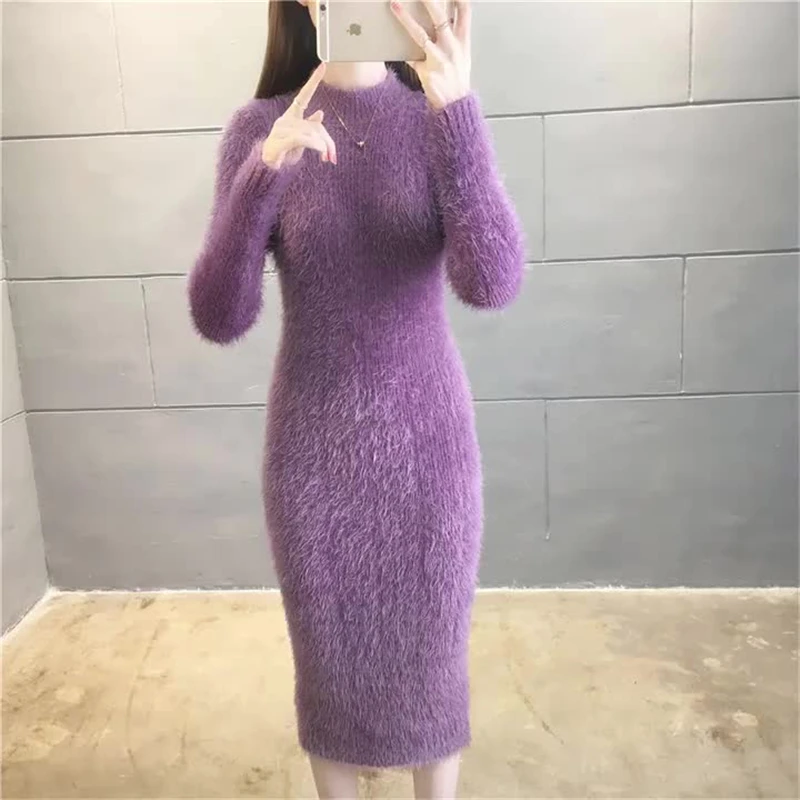 

Faux Mink Cashmere Dress Women Casual Loose Korean Autumn Winter Thickened Warm Knitted Knee Dress Slim Bodycon Knitwear O348