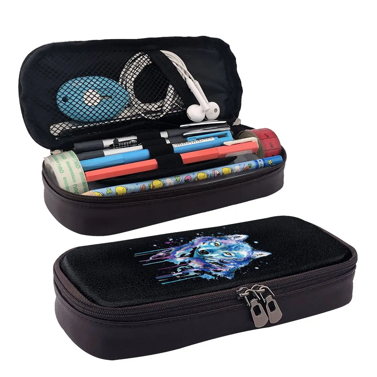 

Wolf Leather Pencil Case Zipper Pencil Box Stationery Pen Pouch for Boys Girls School Students Work Office