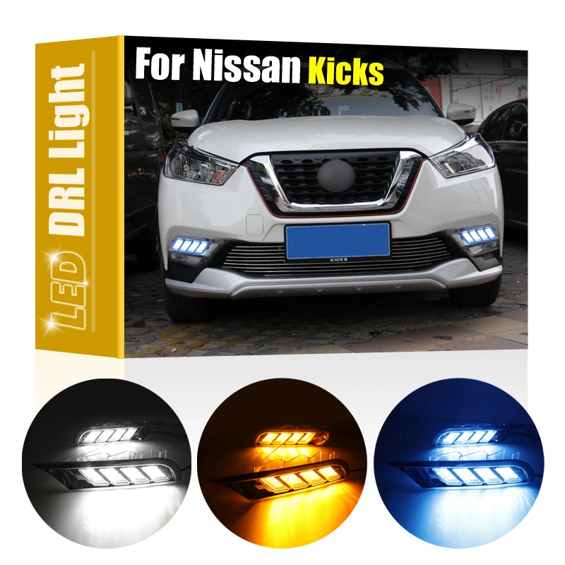 Дневные ходовые огни с белыми светодиодами, 2 шт., 3 функции, желтый сигнал поворота, синий светильник для Nissan Kicks 2017 2018 2019