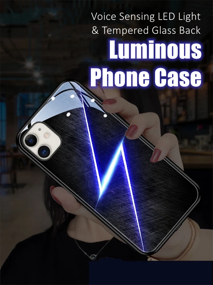 

Lightning Colorful LED Light Glowing Luminous Tempered Glass Back Phone Case for iPhone 11 12 13 14 X Xs Xr Mini Pro Max Plus