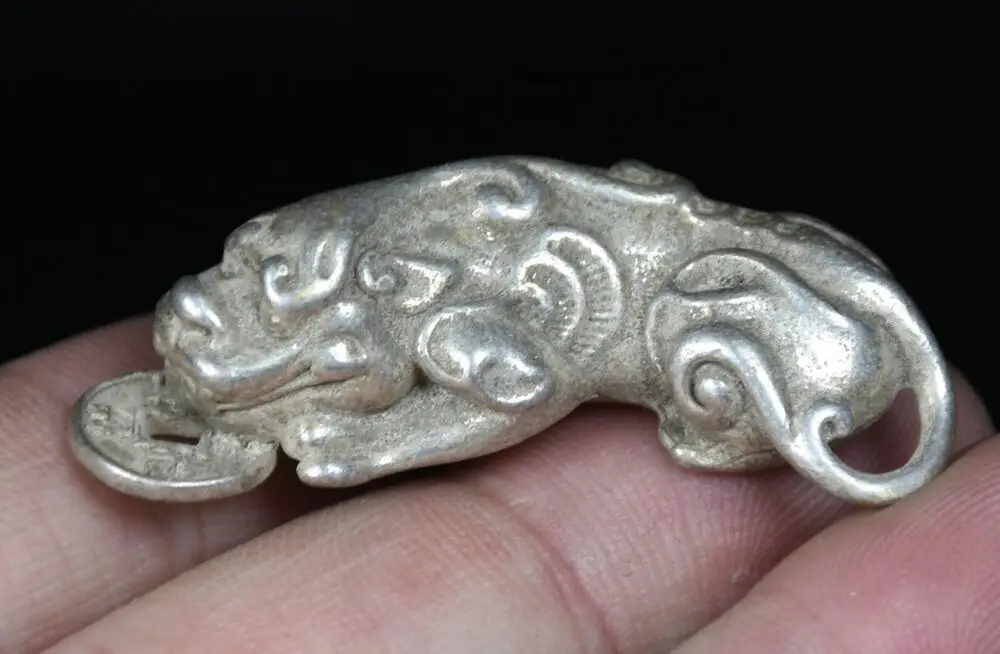 

4.6CM Old Chinese Miao Silver Feng Shui Wealth Money Pixiu Beast Amulet Pendant