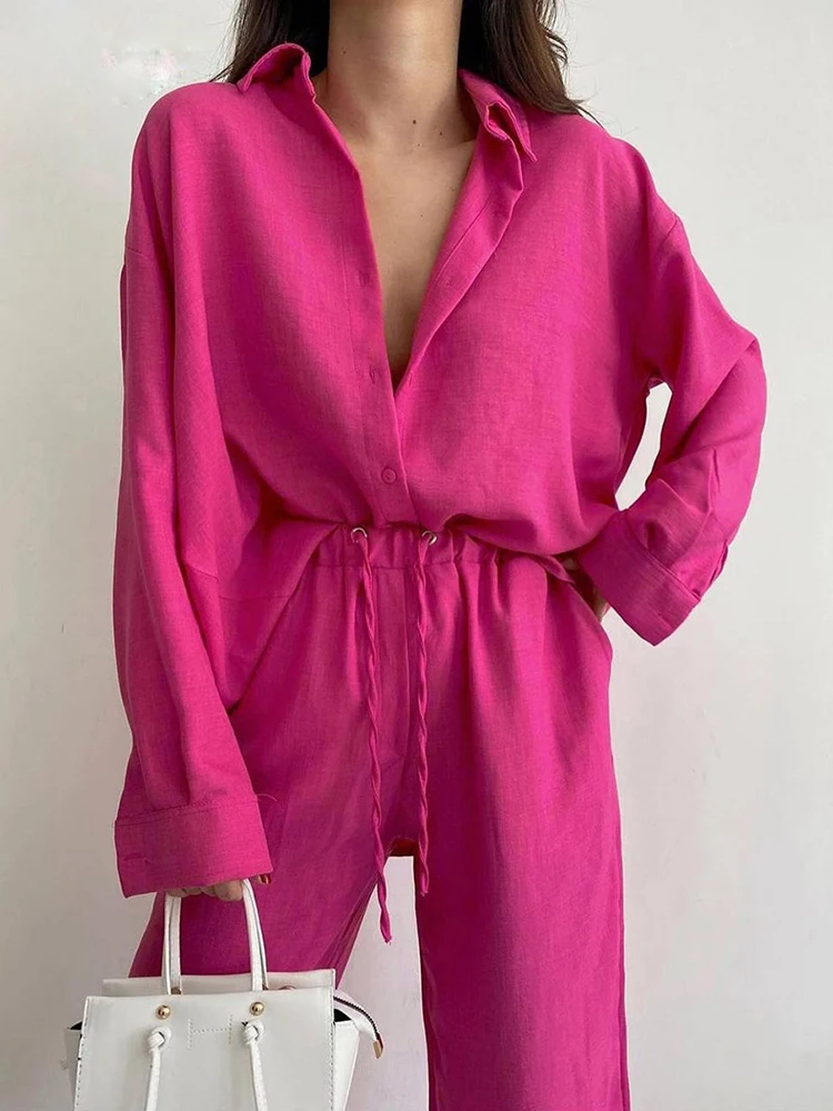 

Fashion Long Sleeve Shirt Two Piece Set Women Outfits Autumn High Waist Pencil Pants Casual Loose Pink Trouser Sets 2 Pieces Set