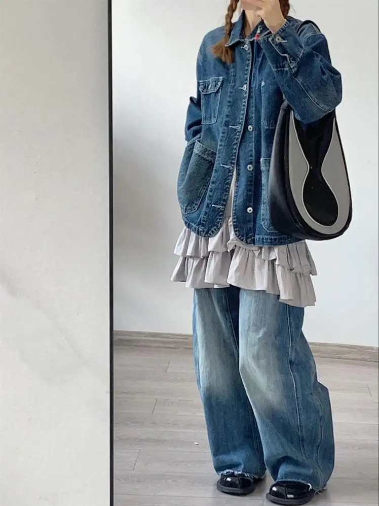 Retro Washed Casual Denim coat Women's Spring and Autumn 2024 New Japan fashion Men's Cargo Denim Clothing Jacket