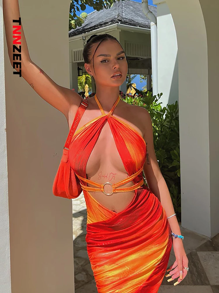 

TNNZEET Elegant Print Halter Sexy Cut Out Midi Dress Women Summer Holiday Beach Outfit Club Party Bandage Dresses Clothes