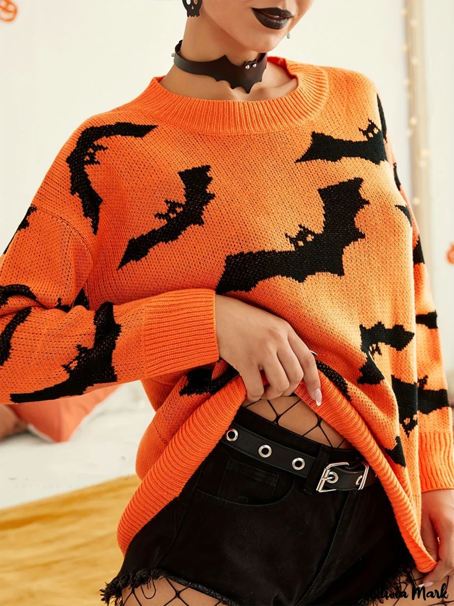 Женский свитер с рисунком летучая мышь на Хэллоуин Модный пуловер длинным