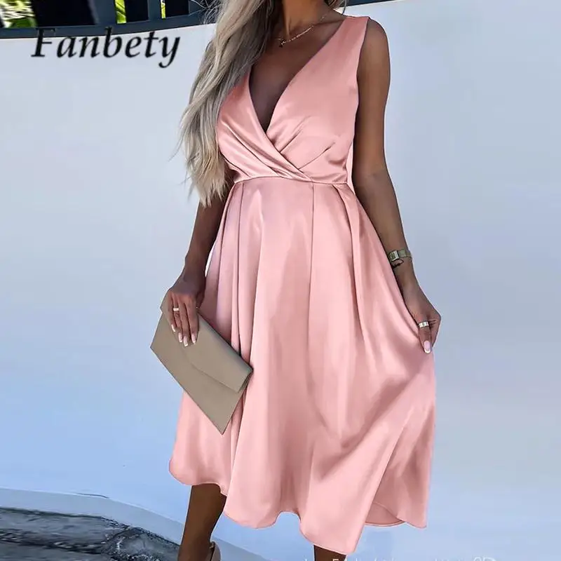 

2023 Summer Sexy Office Lady Commute A-Line Dress Fashion V Neck Waisted Party Dress Elegant Sleeveless Satin Solid Color Dress