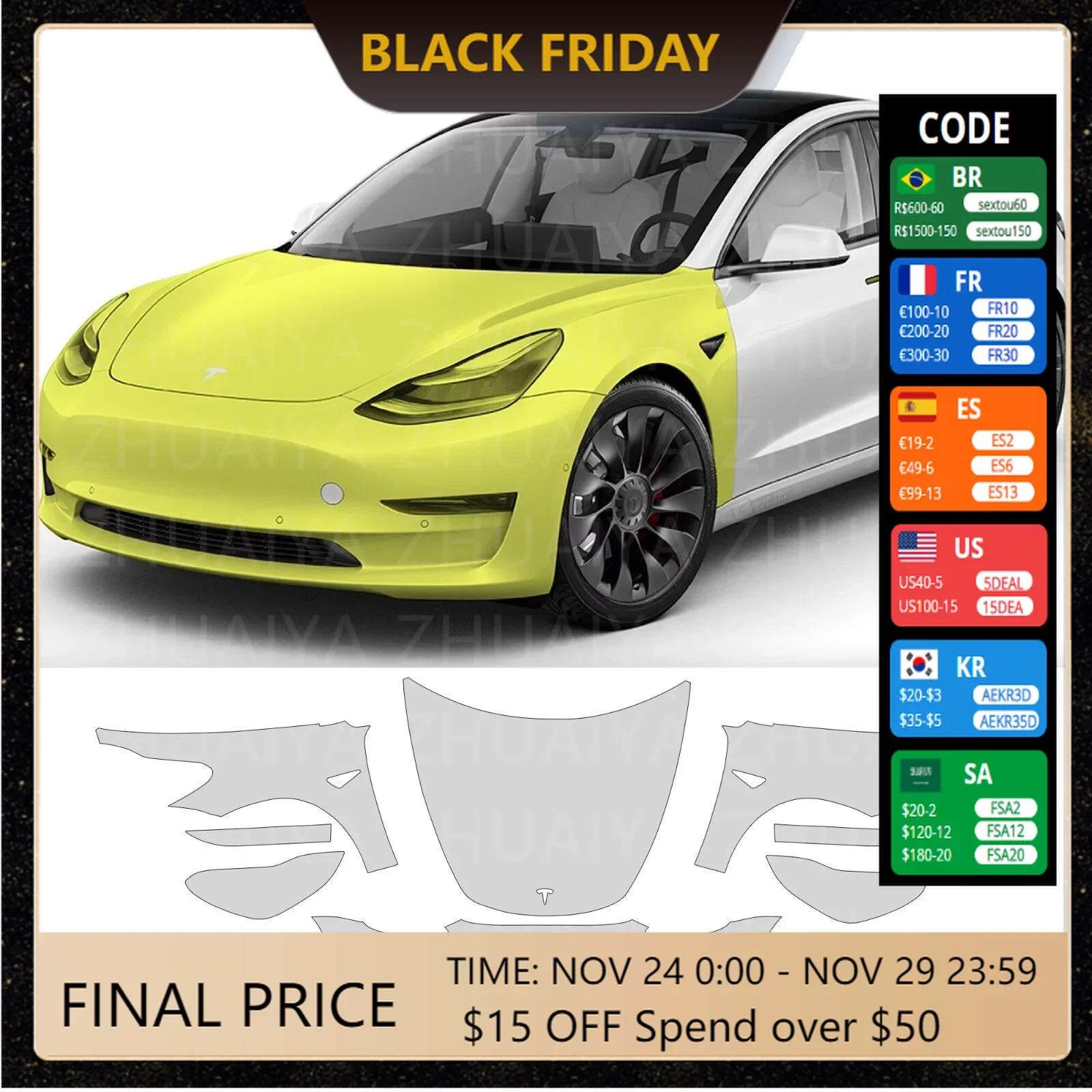 

Full Front Kit 7.5mil Pre-Cut Paint Protection Film Clear Bra PPF Decal Film Kit Compatible with For Tesla Model 3 2017-2023