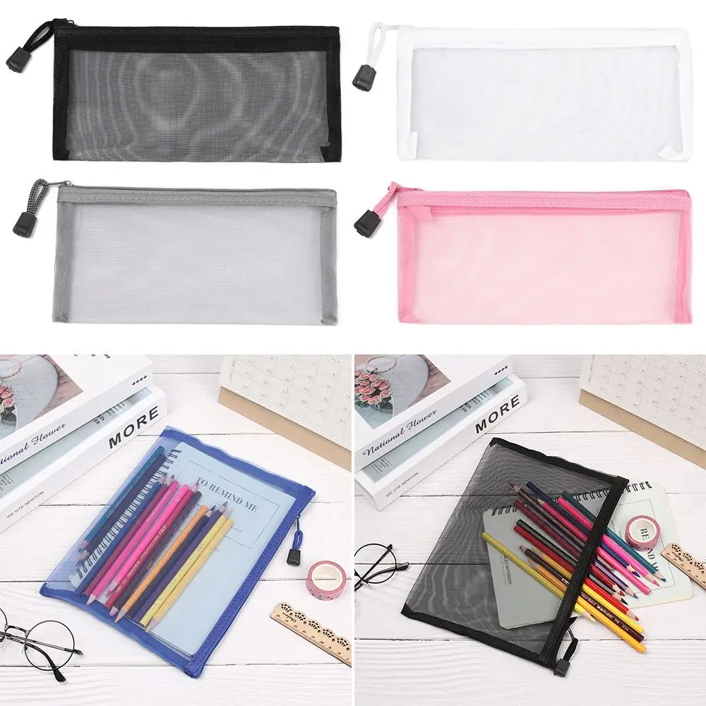 

1pc Nylon Fashion Cosmetic Makeup Handbags Stationery Mesh Pen Bag Cosmetic Storage Zipper Pencil Case Transparent Grid