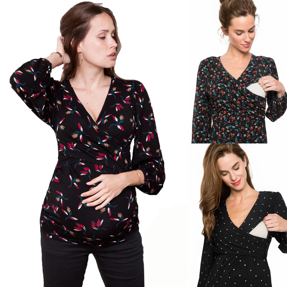 Women Maternity Long Sleeve Solid Color Nursing Tops T-shirt V-neck Fashion Casual Soft Pregnant Breastfeeding Maternity Tops
