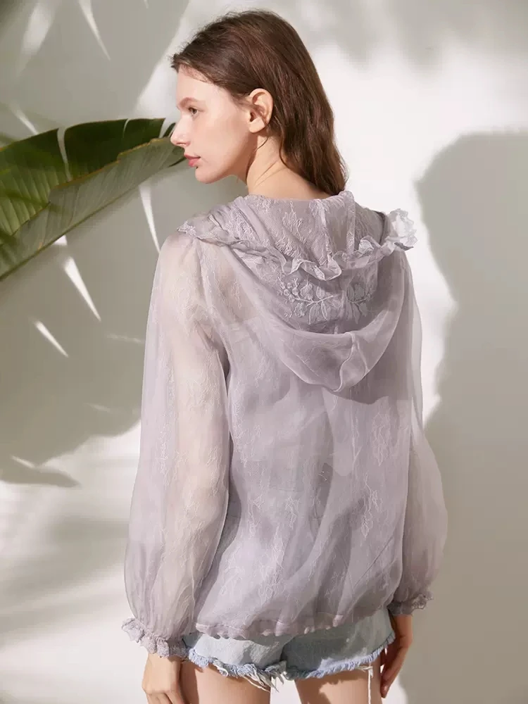 Женская Солнцезащитная рубашка BirdTree из 100% натурального шелка кружевная вышивка