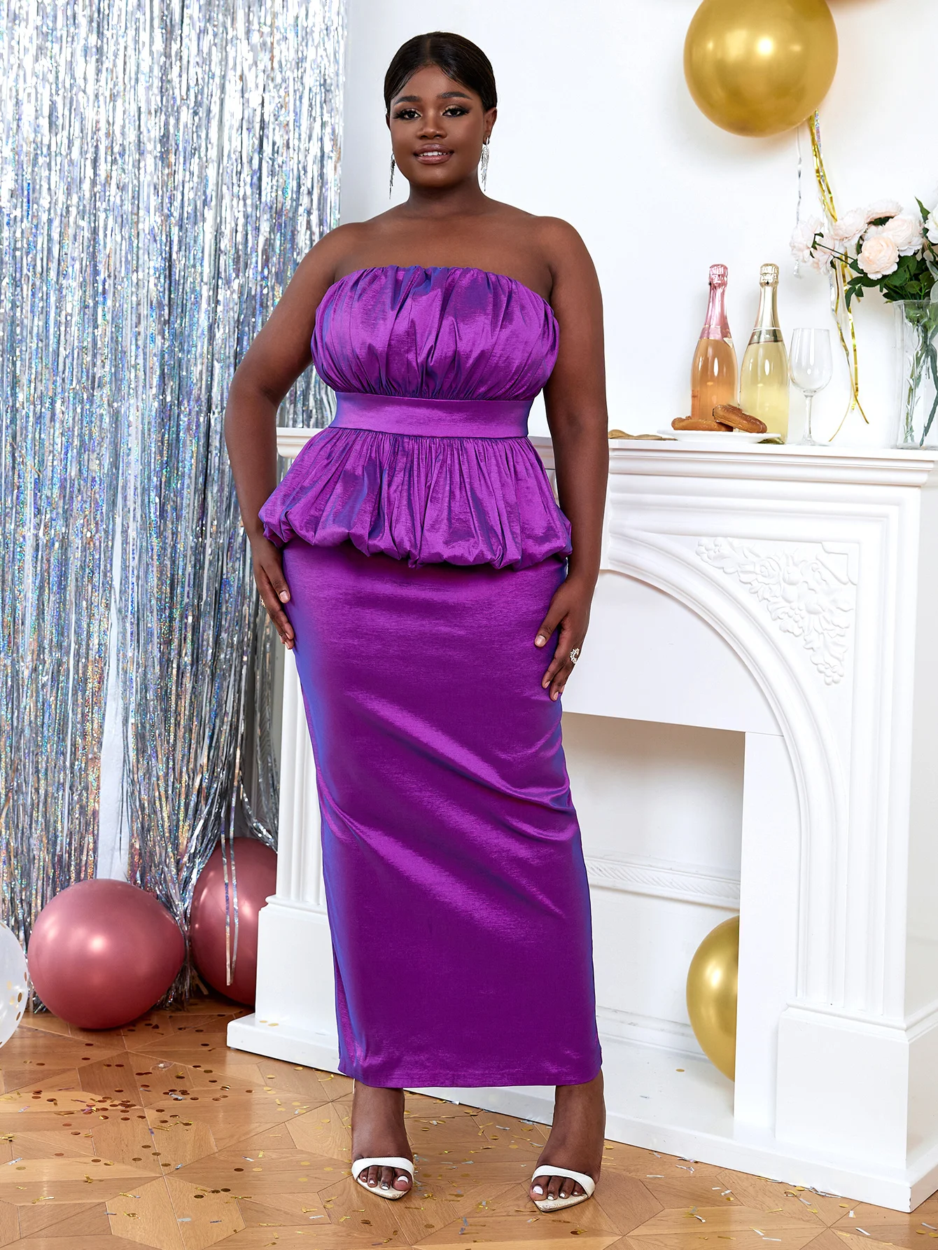 

Shiny Women Tube Top Purple Long Evening Party Dress Sexy Strapless Folds Ruffle Bodycon Slit African Female Cocktail Prom Gowns