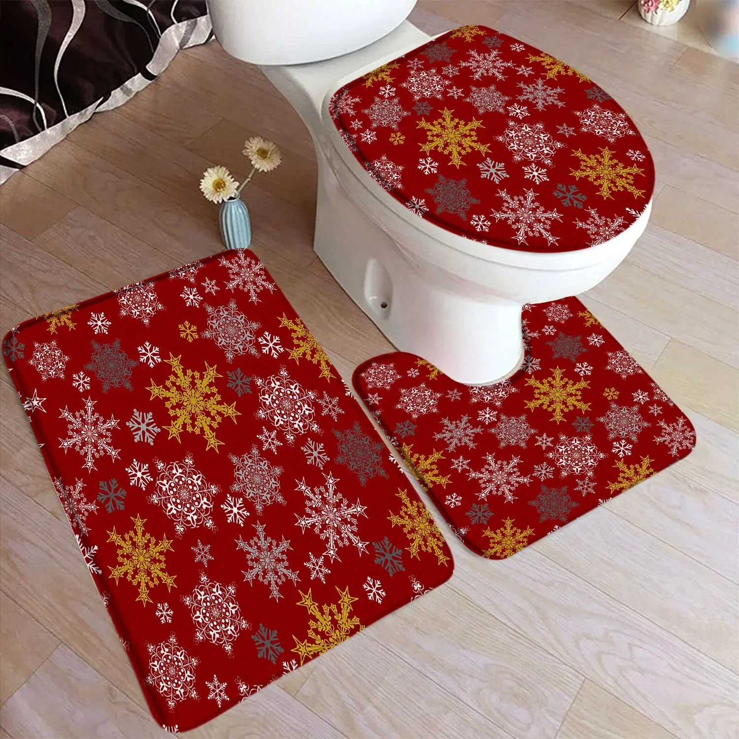 

Red Christmas Bath Mat Set Santa Claus Gift Xmas Tree White Snowflake New Year Home Bathroom Decor Non Slip Rug Toilet Lid Cover