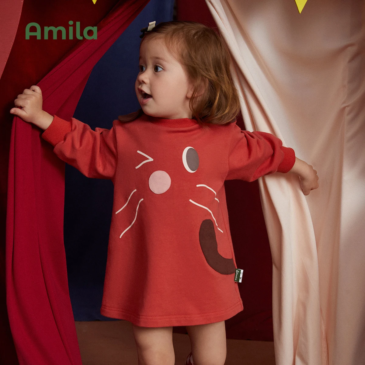 Amila Baby Dress 2022 Autumn New  Crew Neck Long Sleeves Solid Color Straight Skirt for Girls Animal Children Clothes Cute