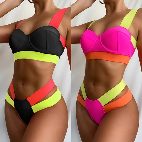 2022 New Sexy Underweared Bikini Set Neon Hot Pink Patchwork Swimsuit Splicing Contrast Color Bathing Suit Padded Women Swimwear