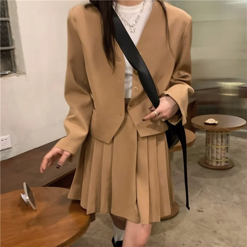 

2021 Fashion Casual Suit Skirt Suit Temperament Short Long Sleeve Suit High Waist Sexy Pleated Skirt Fashion Two-piece Female
