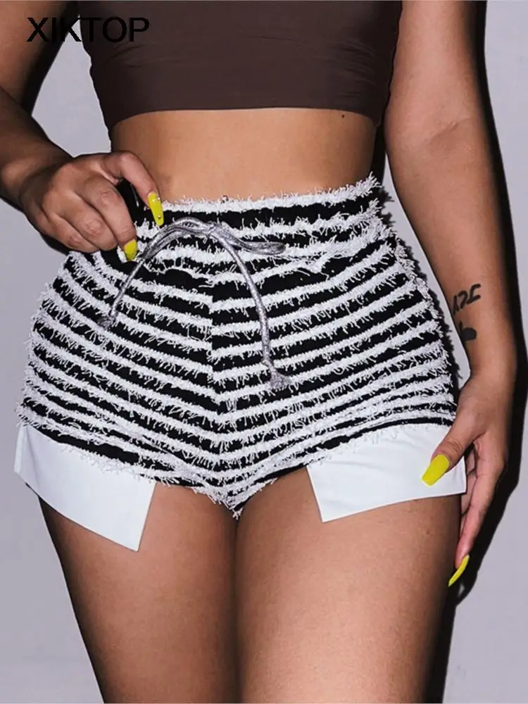 

Xiktop 2023 Hairy Side Split Shorts Trousers Women Zebra Print Skinny Lace Wild Casual Streetwear Elastic Mini Long Pant Bottoms