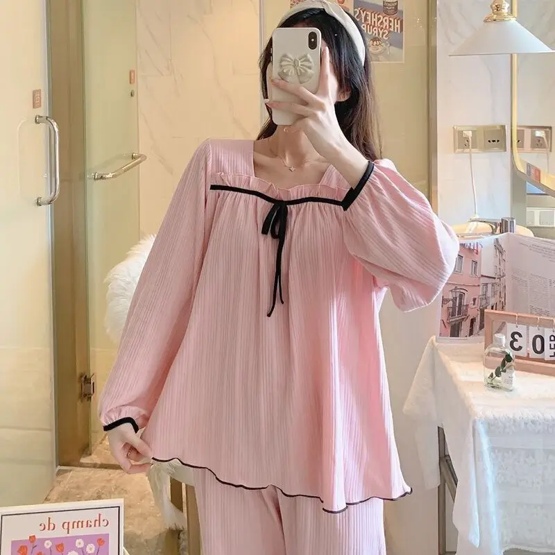 

Kawaii Fashion Women's Pajamas Big Size Homewear 4XL Cotton Two Piece Set Spring Autumn Pijama Mujer Nightwear Sleepwear E193