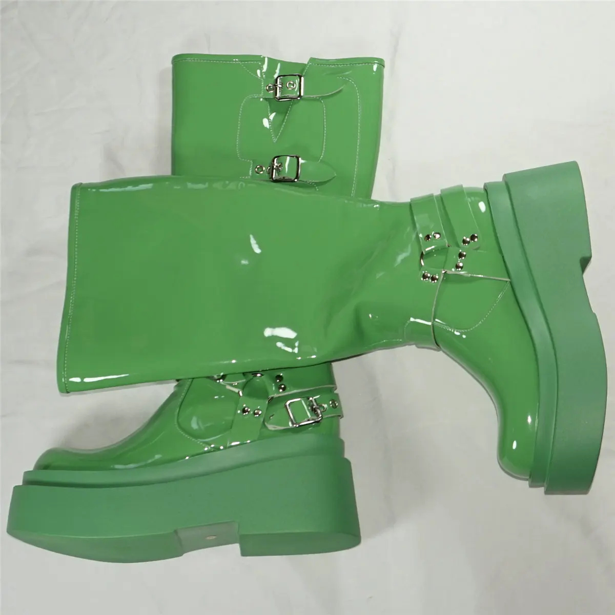 Green Wedges Fashion Sneakers Women Patent Leather Super High Heels Knee High Boots Female Round Toe Platform Pumps Casual Shoes