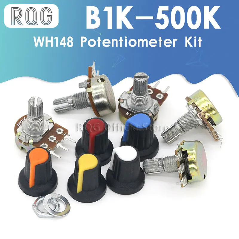 

WH148 Potentiometer Kit B1K 2K 5K 10K 20K 50K 100K 500K 1M 15mm Linear Taper Rotary Potentiometer Resistor Set 3pin With Cap