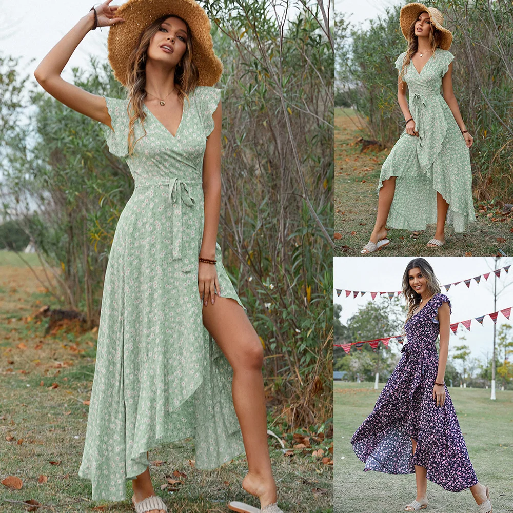 

Casual elegant slim sexy new dress, Summer Women Bohemian Sleeveless Long Dress V Neck Lace Up Floral Print Asymmetrical El2023
