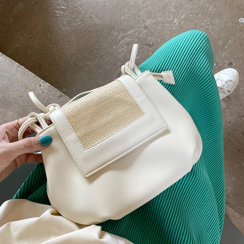 

summer Women Square Hobos Shoulder Bag Contrast Color Ladies Pu Leather Underarm Bags Retro Female Flap Straw Crossbody Bag