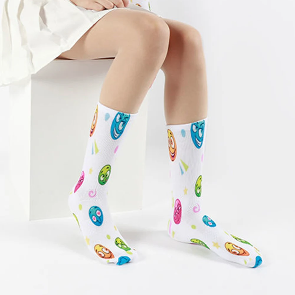 3Pairs Women Fashion Socks Cartoon Cute Smiley Pattern Happy Colorful Sock Unisex Sports Casual Print Polyester Mid Tube Socks