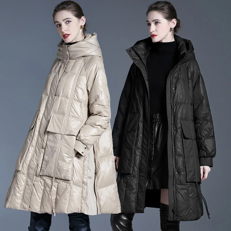 Loose Medium Length Warm White Eiderdown Coat with Large Hem Winter Coats Warm Trench Coat Padding Down Feather Jacket Overcoat