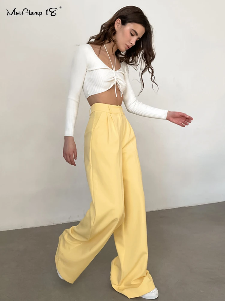 Mnealways18 Elegant Yellow Formal Trousers Women High Waisted Wide Leg Pants Female Office Work Spring Long Pants Solid Pockets