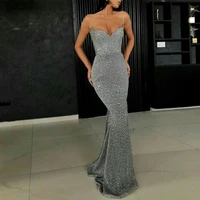 silver squined prom dress 2022 mermaid spaghetti straps womens evening party dresses long v neck sleeveless sexy prom gowns