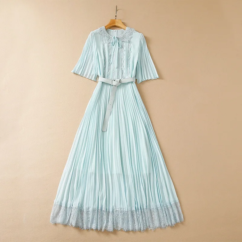 European and American women's summer 2022 new Short sleeve round collar stitching lace Fashionable belt pleated blue dress XXL