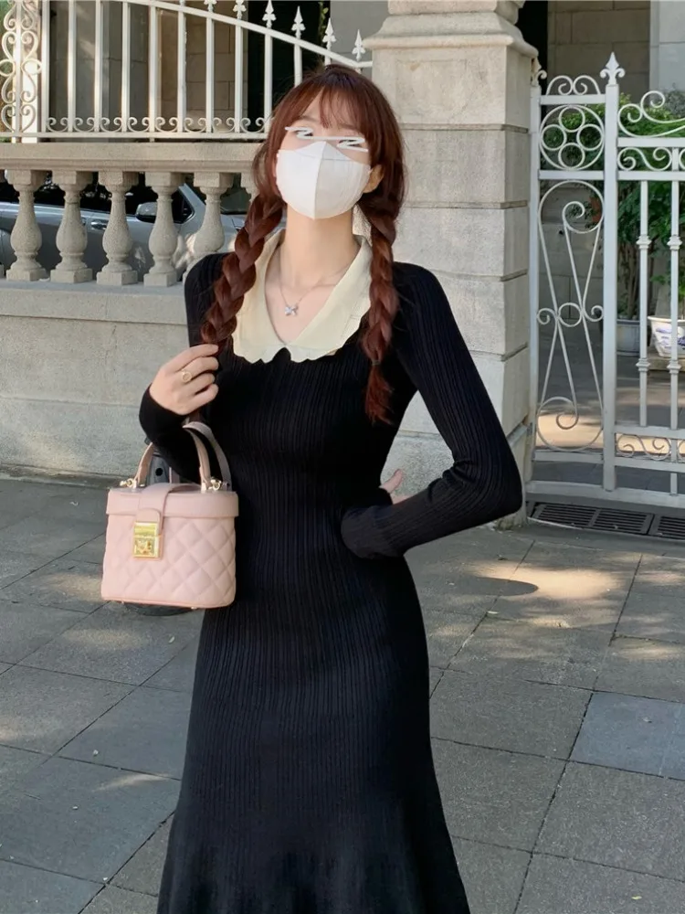 Женское трикотажное платье с длинным рукавом облегающее черное и