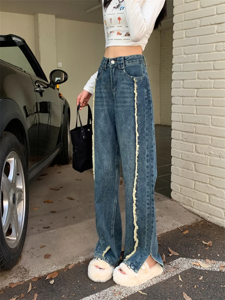 

Женские прямые джинсы с широкими штанинами, дизайнерские брюки из денима с высокой талией и разрезом на подоле, весна 2023