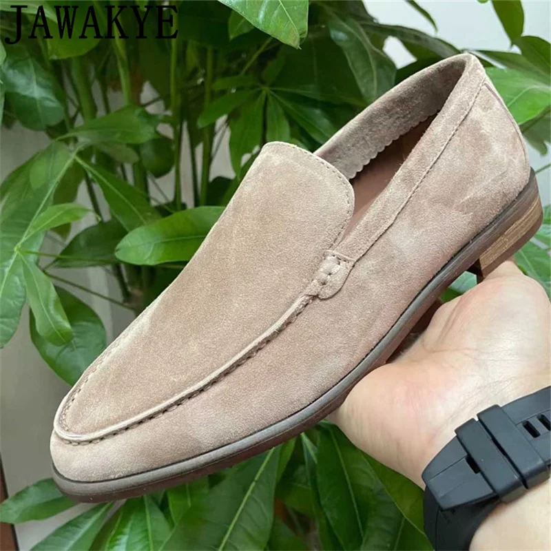 

Men Classic Comfortable Walk Shoes Nude Real Suede Round toe Rubber Sole Slip-on Flat Loafers Shoes Hot Sale Formal Brand Shoes