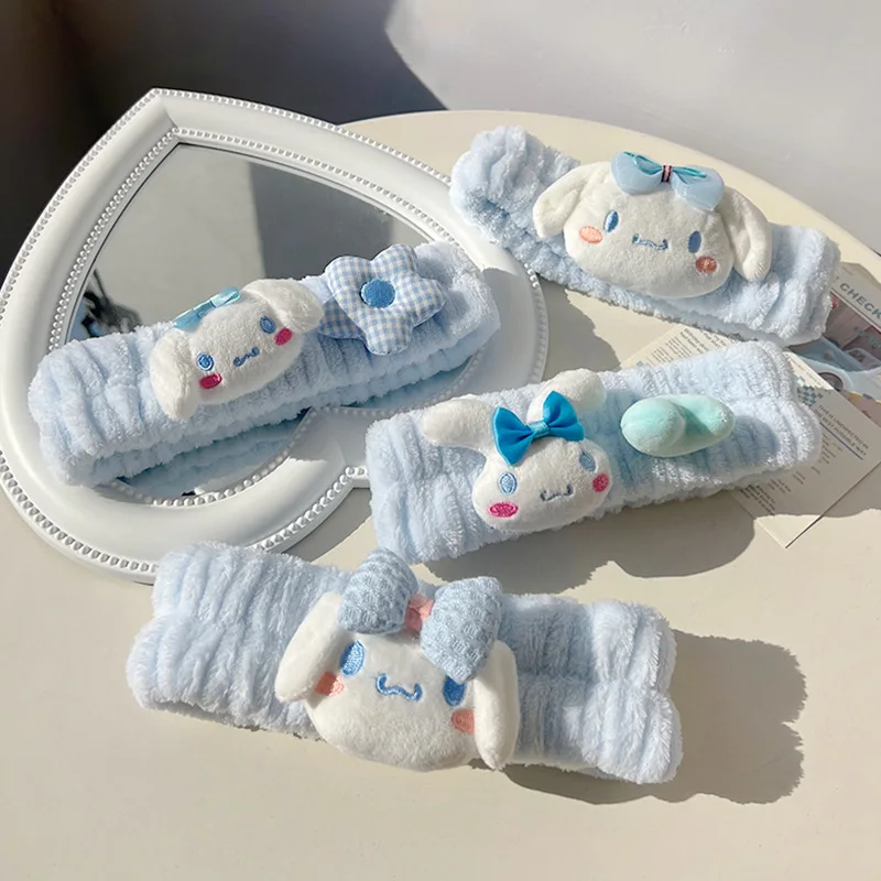 

Повязка для волос в стиле аниме Sanrio, милая эластичная лента для волос с голубым коричным цветком, игрушка для мытья лица, аксессуары для воло...