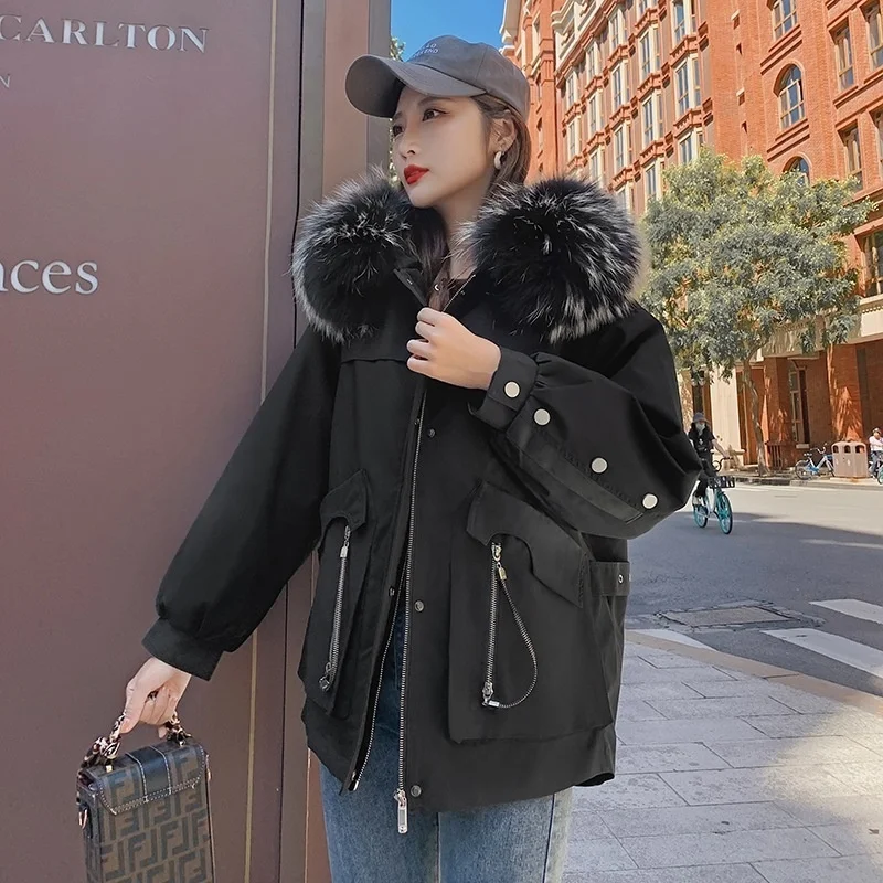 

Coat Ladies Winter Fox Fur Collar Coat Women Parka Jacket Rex Rabbit Fur Liner Lady Outwear Fur One Casaco Feminino