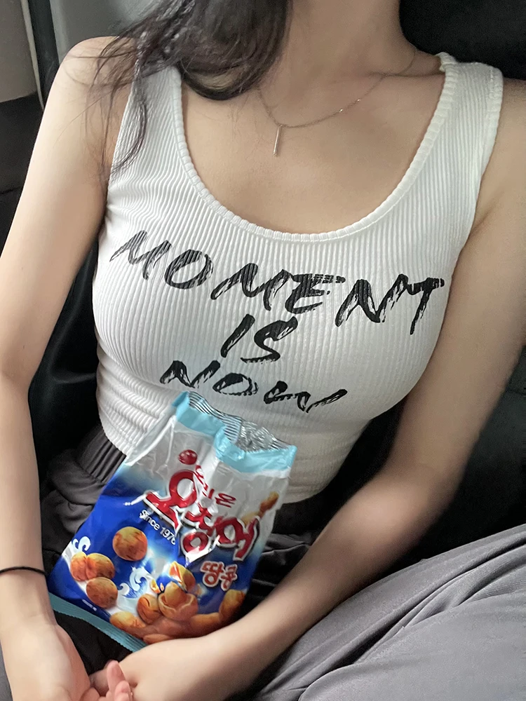 

Letter Knitted Tank Top O Neck Sleeveless Summer Basic Casual Mini Vest Women Streetwear Korean Chic Sweats Sporty Tee