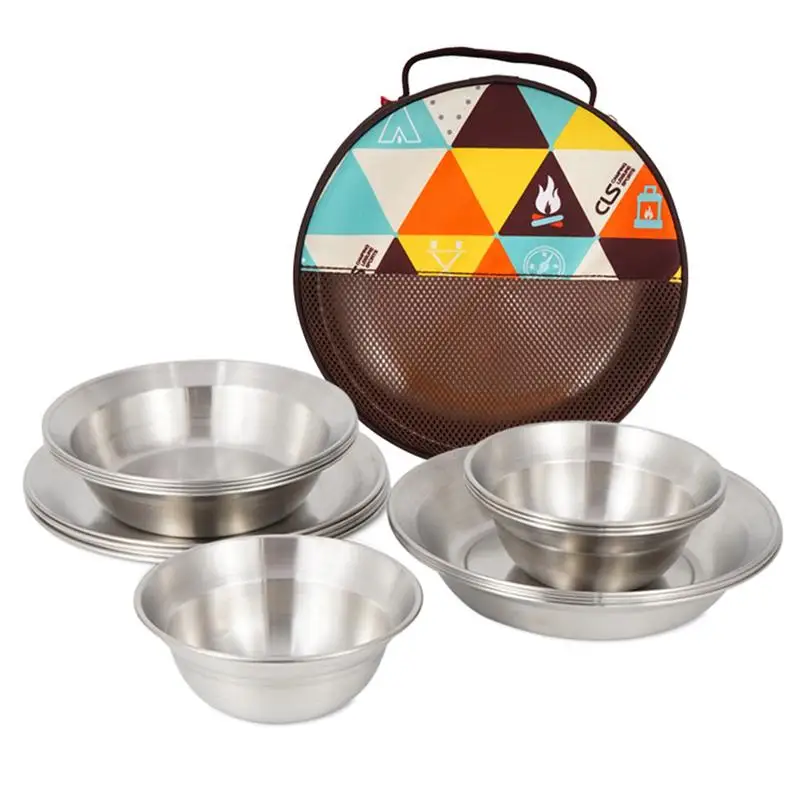 

1 Set of Metal Stainless Steel Packing Tableware Bowls Dinning Tools for Picnic Camping Outdoor