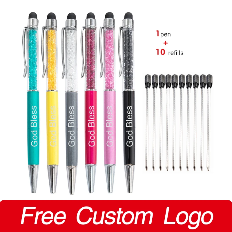 

1 Pen + 10 Refills Custom LOGO Metal Diamond Pens Personalized Gift Engraved Name Ball Point Pen Touch Screen Offices Stationery