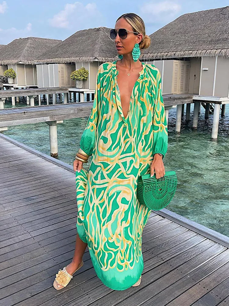 

Women Boho Print Beach Cover Up 2023 Summer Sexy Deep V-Neck Long Sleeve Long Dresses Female Vintage Maxi Dresses Elegant Robe